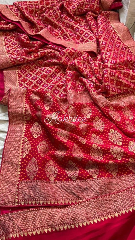 saree - 2 - khadi - bandhej - georgette - red - s10093 - Saree - Aakritee - S10094