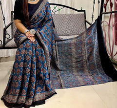 saree - ajrakh - modal - silk - blue - s10108 - Saree - Aakritee - S10109