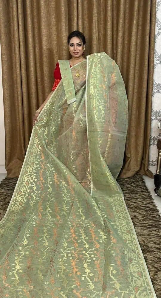 Saree Bengal Jamdani Semi Soft With Blouse Piece Traditional Festive Durga Pujo Medium Spring Copper Zari Weaving S11000 - Saree - Aakritee - S11000