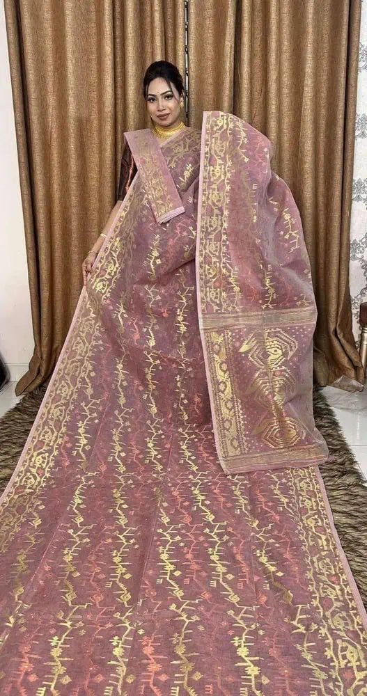 Saree Bengal Jamdani Semi Soft With Blouse Piece Traditional Festive Durga Pujo Rosy Brown Copper Zari Weaving S11001 - Saree - Aakritee - S11001