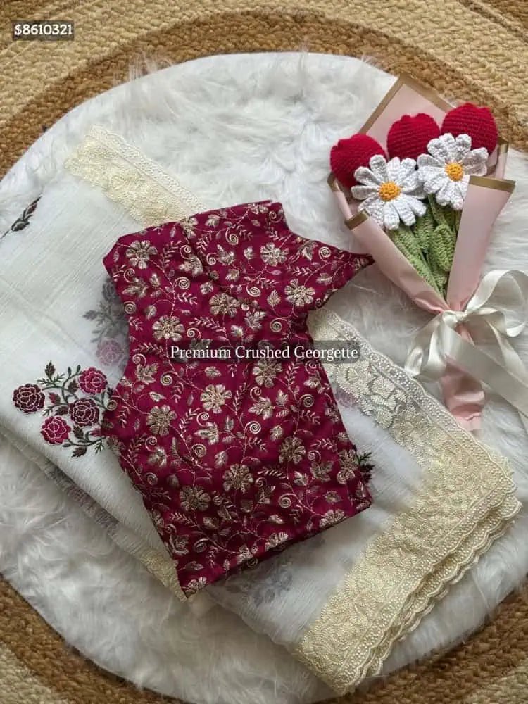 Saree Chiffon Georgette Floral Embroidery White Festive Party Wear S10903 - Saree - Aakritee - S10903
