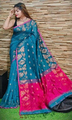 Saree_cotton_bengal Jamdani_festive_turquoise_festive_durga pujo_S0817 - Saree - Aakritee - S10817