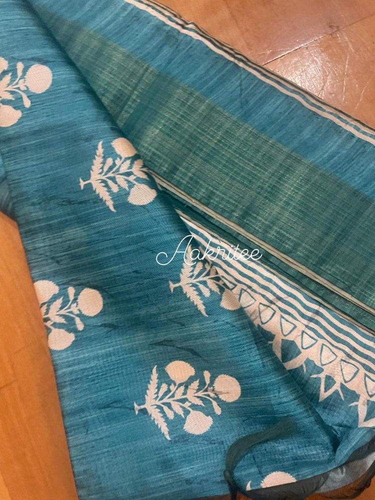 saree - ghicha - silk - block - print - turquoise - s10080 - Saree - Aakritee - S10081