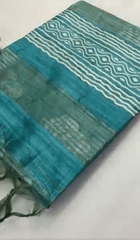 saree - ghicha - silk - block - print - turquoise - s10080 - Saree - Aakritee - S10081