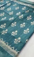 saree - ghicha - silk - block - print - turquoise - s10080 - Saree - Aakritee - S10081