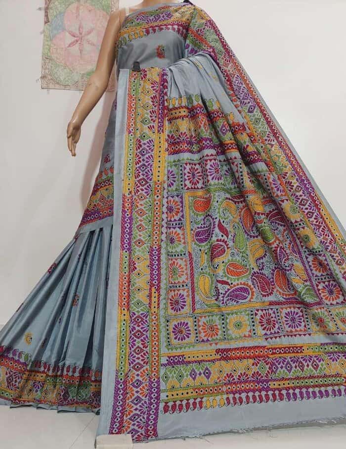 Saree_hand kantha_blended bangalore silk_festive_durga pujo_grey_S10805 - Saree - Aakritee - S10805
