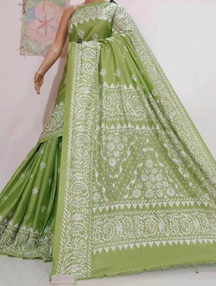 Saree_hand kantha_blended bangalore silk_festive_durga pujo_light green_S10806 - Saree - Aakritee - S10806