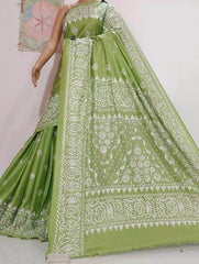 Saree_hand kantha_blended bangalore silk_festive_durga pujo_light green_S10806 - Saree - Aakritee - S10806