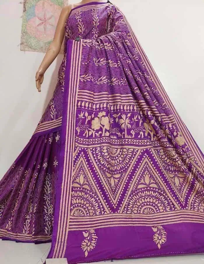 Saree_hand kantha_blended bangalore silk_festive_durga pujo_purple_S10803 - Saree - Aakritee - S10803
