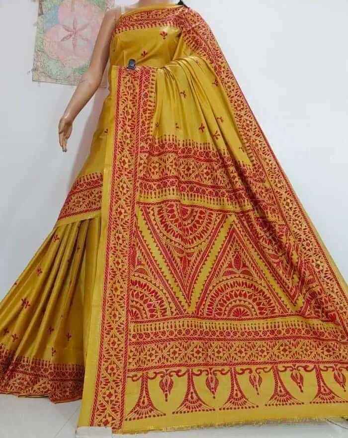 Saree_hand kantha_blended bangalore silk_festive_durga pujo_yellow_S10804 - Saree - Aakritee - S10804