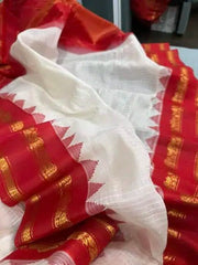 Saree_handloom_cotton gadwal silk woven palla_white_red temple border_festive_durga pujo_S10834 - Saree - Aakritee - S10834