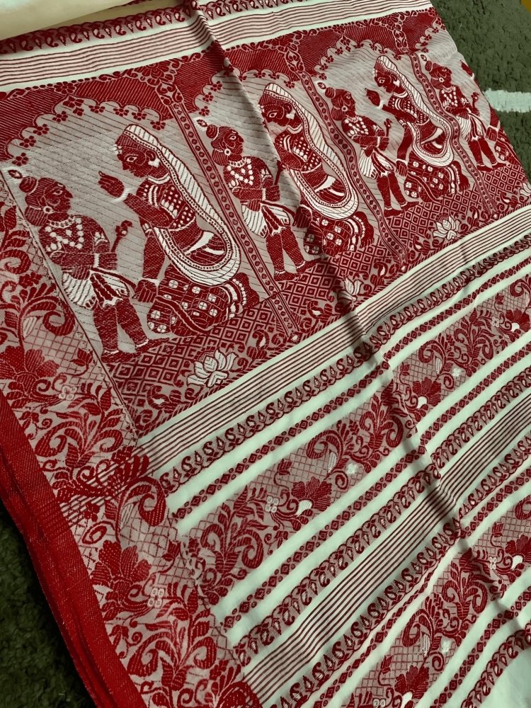 saree - khadi - cotton - baluchari - bengal - handloom - red - s10039 - Saree - Aakritee - 