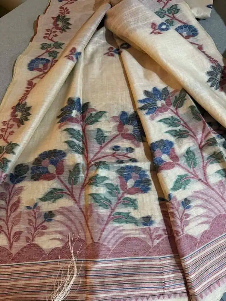 Saree Linen Jamdani Handloom Casual Beige S10987 - Saree - Aakritee - S10987