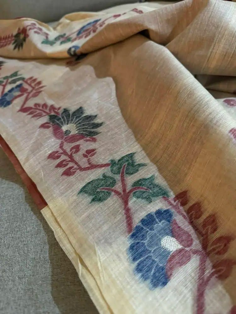 Saree Linen Jamdani Handloom Casual Beige S10987 - Saree - Aakritee - S10987
