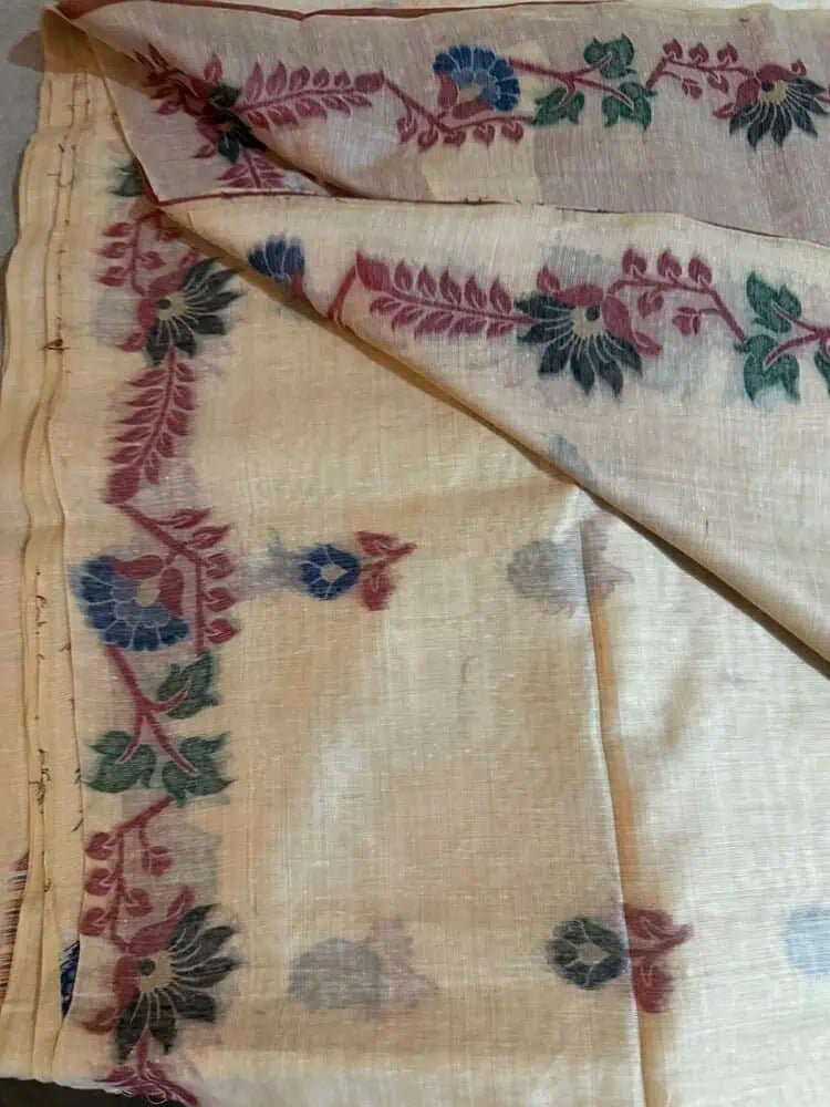 Saree Linen Jamdani Handloom Casual Beige S10987 - Saree - Aakritee - S10987