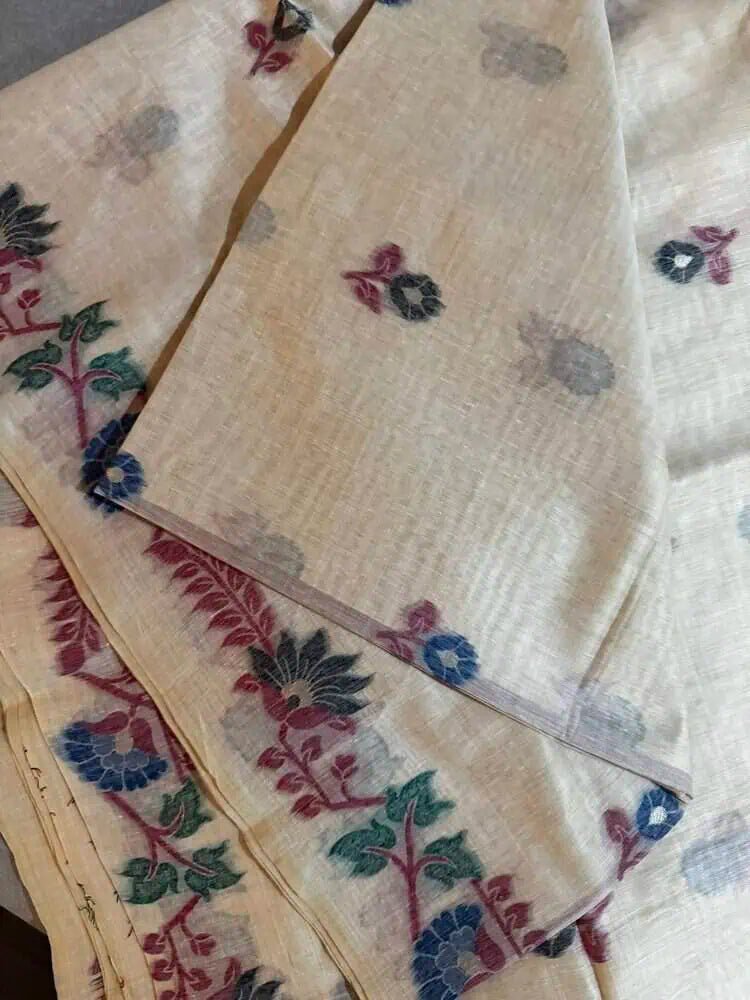 Saree Linen Jamdani Handloom Casual Beige S10987 - Saree - Aakritee - S10987