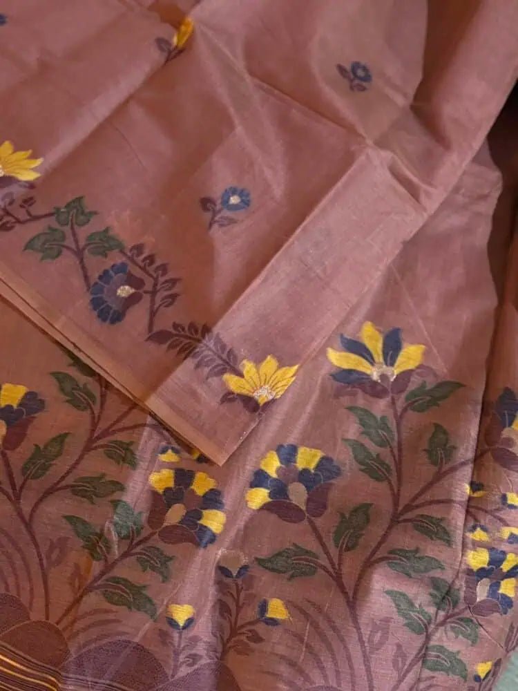 Saree Linen Jamdani Handloom Casual Rosy Brown S10988 - Saree - Aakritee - S10988