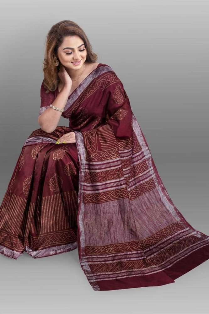 Saree_Linen slub_Price - AUD55_maroon_S00008 - Sale - Saree - Aakritee - S0000855