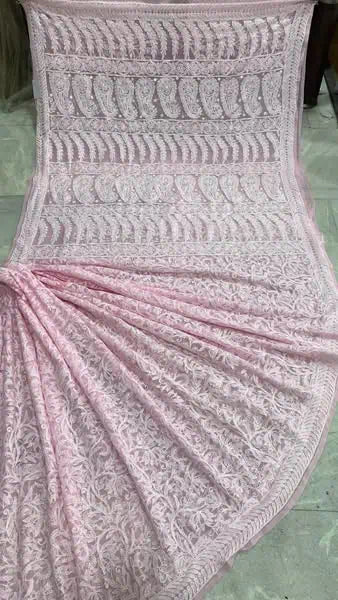 Saree_lucknowi hand chikankari_embroidery_baby pink_georgette_summer wear_party wear_S10830 - Saree - Aakritee - S10830