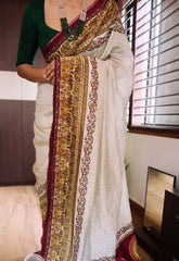 Saree Mugs Silk Beige Kalamkari Border Party Wear Festive S10932 - Saree - Aakritee - S10932