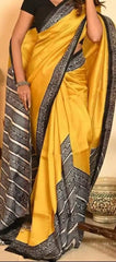 saree - murshidabad - silk - block - print - yellow - s10166 - Saree - Aakritee - S10167