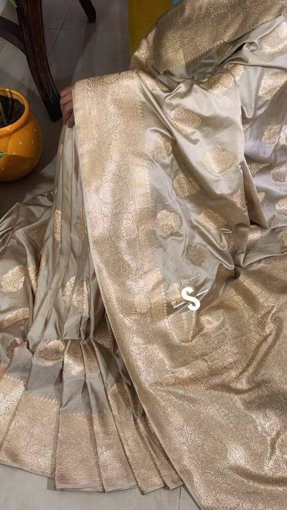 Saree Mushroo Silk Banarasi Festive Durga Pujo Trendy Dark Khaki S10895 - Saree - Aakritee - S10895