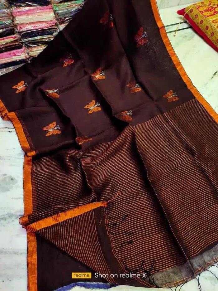 Saree_organic linen jamdani_chocolate_copper zari_festive_S10925 - Saree - Aakritee - S10825
