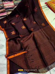 Saree_organic linen jamdani_chocolate_copper zari_festive_S10925 - Saree - Aakritee - S10825