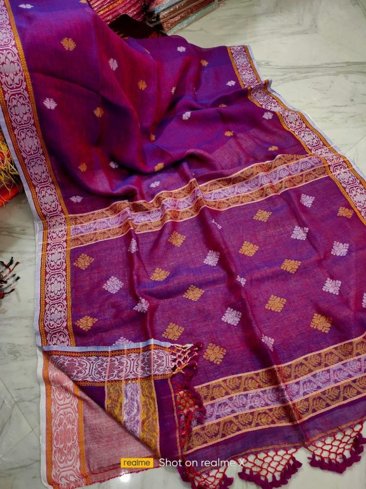 saree - organic - linen - violet - s10126 EOFY - 15% - Saree - Aakritee - S10127