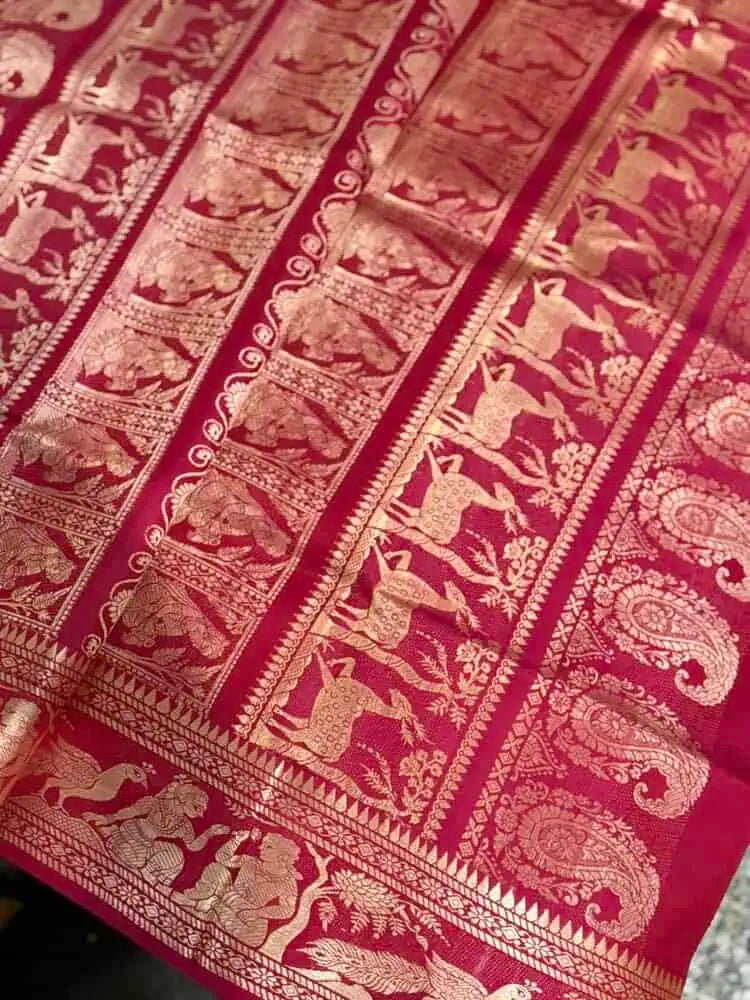 Saree Pure Bengal Handloom Authentic Baluchari On Premium Quality Bishnupuri Silk Dual Shade Crimson Festive Traditional Durga Pujo Diwali S10997 - Saree - Aakritee - S10997