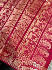 Saree Pure Bengal Handloom Authentic Baluchari On Premium Quality Bishnupuri Silk Dual Shade Crimson Festive Traditional Durga Pujo Diwali S10997 - Saree - Aakritee - S10997