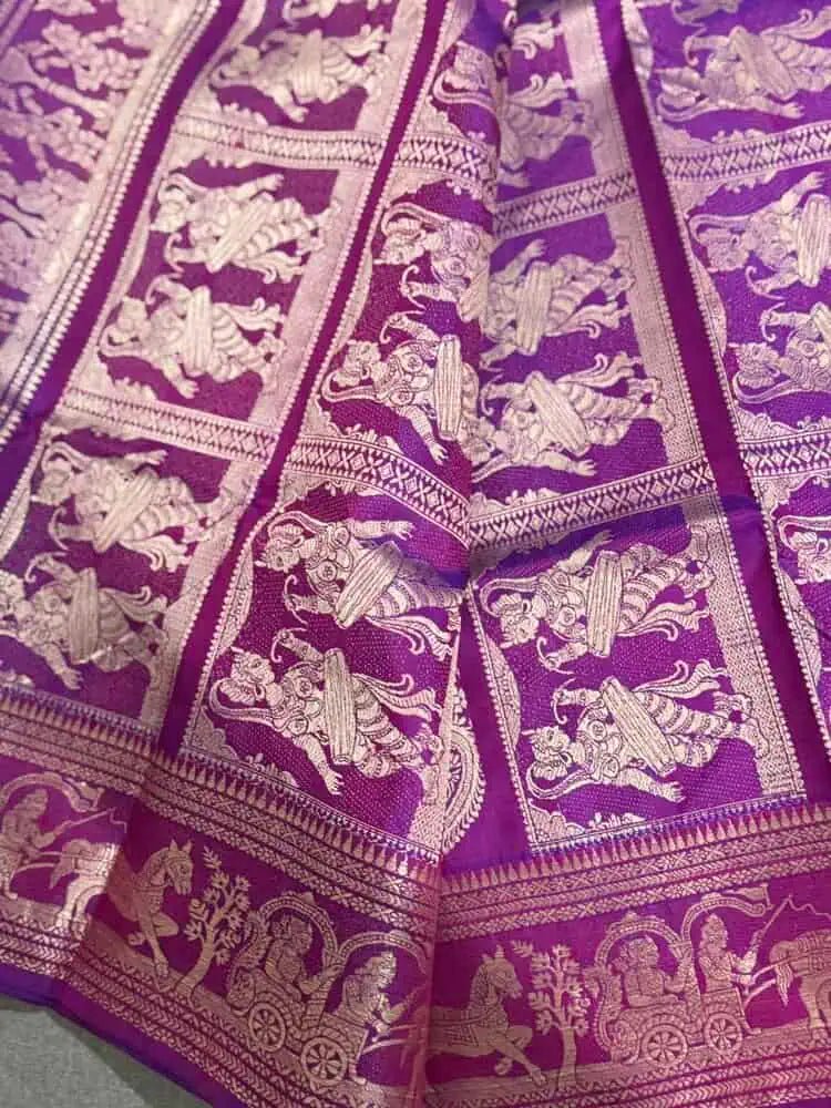 Saree Pure Bengal Handloom Authentic Baluchari On Premium Quality Bishnupuri Silk Dual Shade Purple Festive Traditional Durga Pujo Diwali S10998 - Saree - Aakritee - S10998