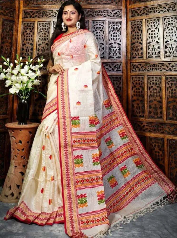 Saree Pure Gachi By Gachi Tussar Jamdani Exclusive Beige Assam Weave Look Traditiona; Festive Durga Pujo S10995 - Saree - Aakritee - S10995