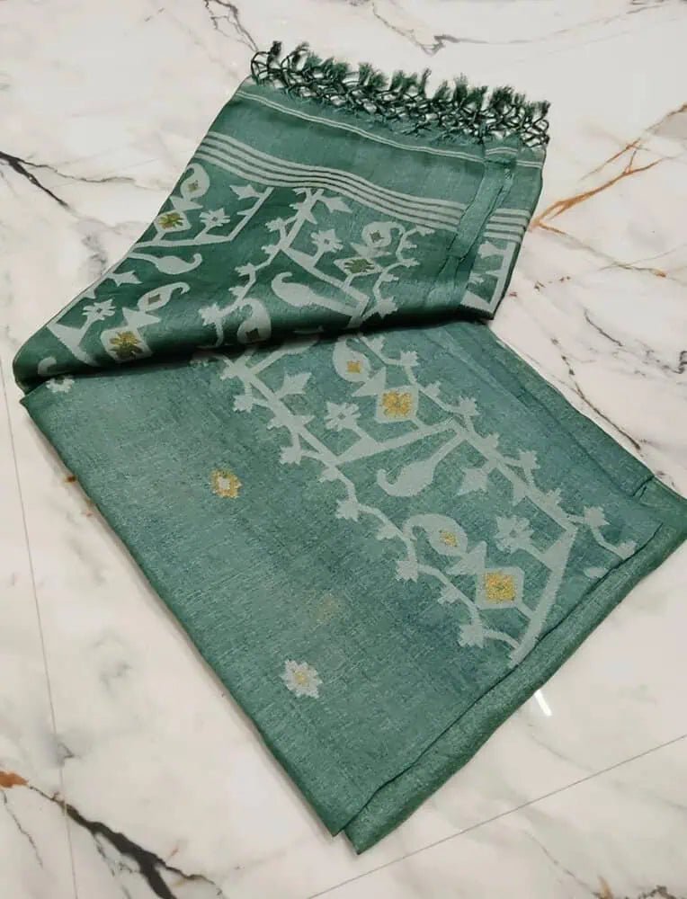 Saree Pure Gachi By Gachi Tussar Jamdani Exclusive Dark Sea Green Traditiona; Festive Durga Pujo S110026 - Saree - Aakritee - S11006