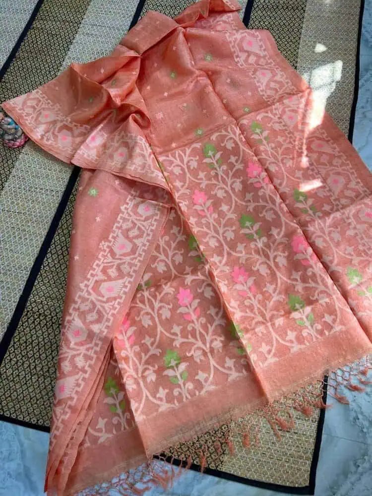 Saree Pure Gachi By Gachi Tussar Jamdani Exclusive Salmon Meena Boota Traditiona; Festive Durga Pujo S11004 - Saree - Aakritee - S11004