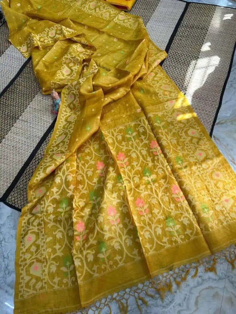Saree Pure Gachi By Gachi Tussar Jamdani Exclusive Yellow Meena Boota Traditiona; Festive Durga Pujo S11005 - Saree - Aakritee - S11005