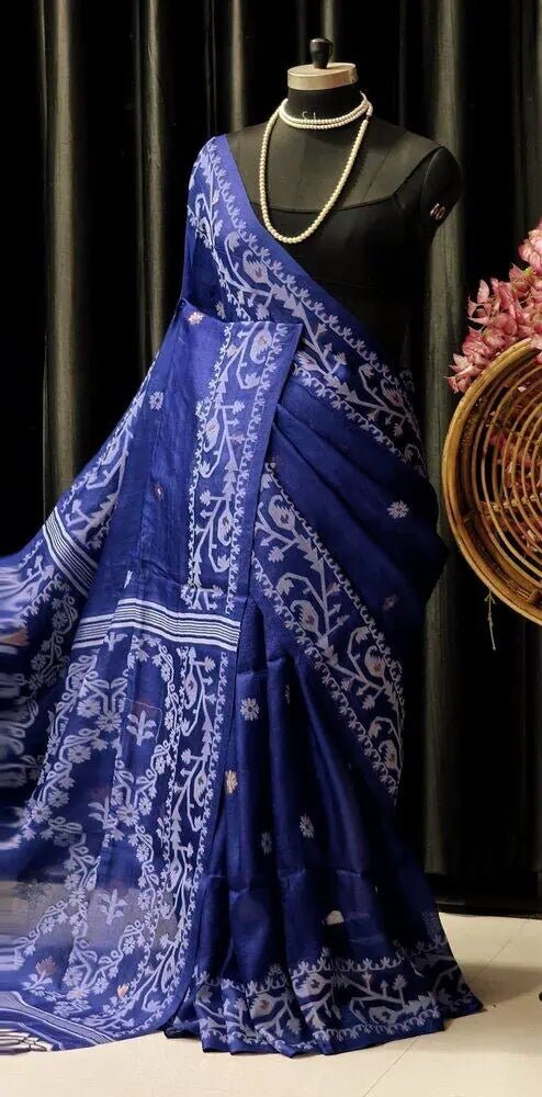 Saree Pure Gachi By Gachi Tussar Jamdani Handloom Festive Traditional Durga Pujo Royal Blue S11023 Saree - Saree - Aakritee - S11023