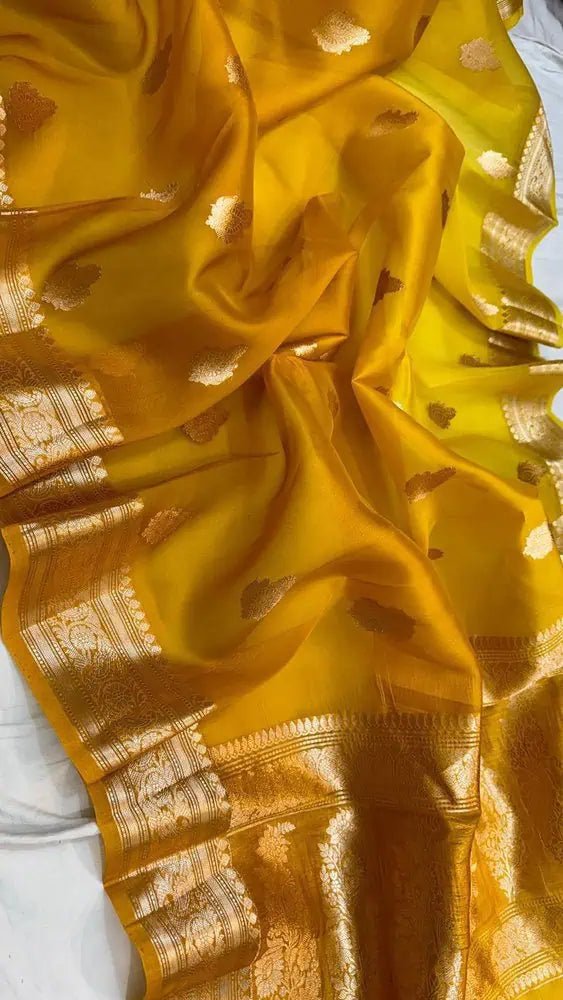 Saree_pure handloom_kora silk banarasi_dual shade_yellow_silkmark_festive_S10731 - Saree - Aakritee - S10731