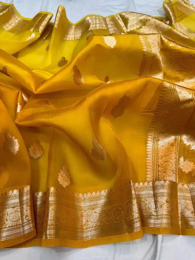 Saree_pure handloom_kora silk banarasi_dual shade_yellow_silkmark_festive_S10731 - Saree - Aakritee - S10731