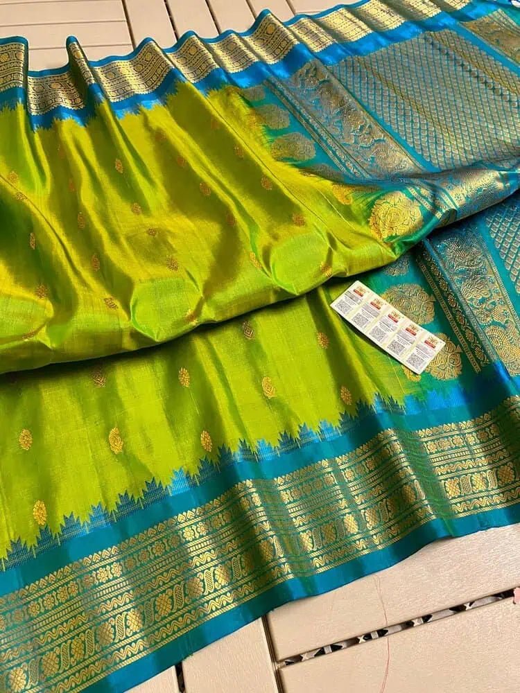 Saree Pure Handloom Silk Gadwal Lime Festive Durga Pujo Diwali S10938 - Saree - Aakritee - S10938