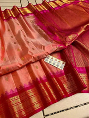 Saree Pure Handloom Silk Gadwal Salmon Festive Durga Pujo Diwali S10936 - Saree - Aakritee - S10936