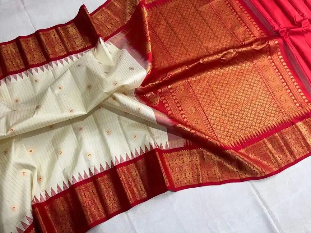 Saree Pure Handloom Silk Gadwal White Temple Border Traditional Durga Pujo Festive S11008 - Saree - Aakritee - S11008
