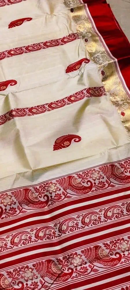 Saree Pure Tussar Silk Garod Bengal Handloom Durga Pujo Special Festive S10961 - Saree - Aakritee - S10961
