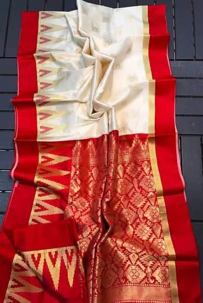 Saree Semi Katan Beige Durga Pujo Festive S10920 - Saree - Aakritee - S10920