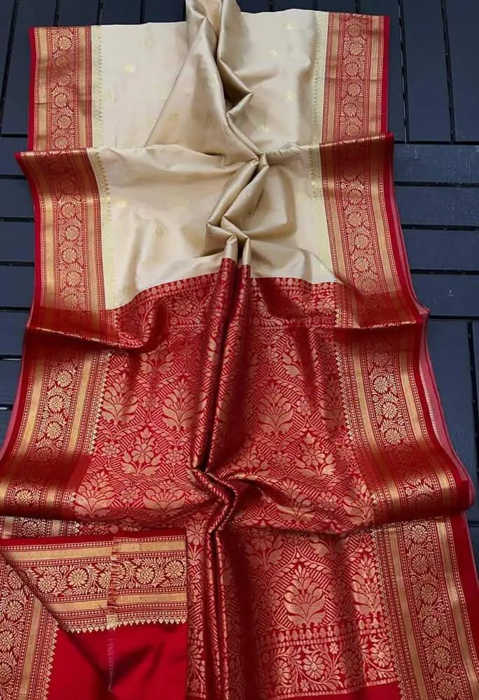 Saree Semi Katan Beige Durga Pujo Festive S10921 - Saree - Aakritee - S10921