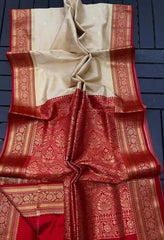 Saree Semi Katan Beige Durga Pujo Festive S10921 - Saree - Aakritee - S10921