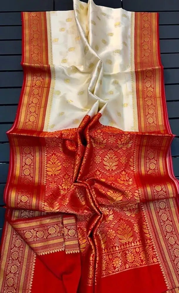 Saree Semi Katan Beige Durga Pujo Festive S10922 - Saree - Aakritee - S10922