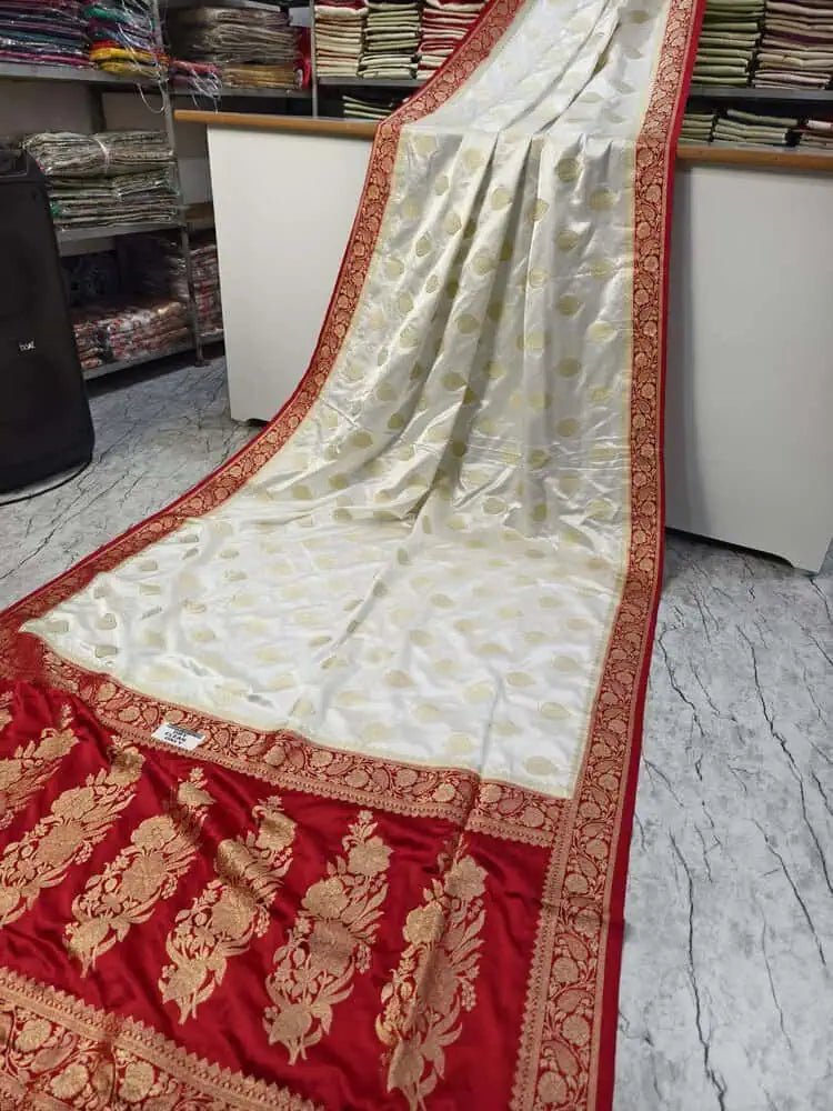 Saree Semi Katan Festive Durga Pujo Special White S11032 Saree - Saree - Aakritee - S11032