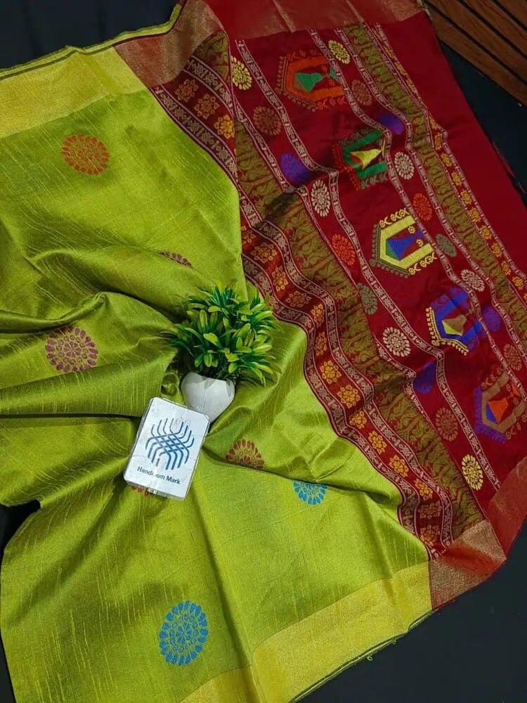 Saree Semi Raw Silk Dolabedi Palla Lime Red Festive Durga Pujo Traditional S10909 - Saree - Aakritee - S10909
