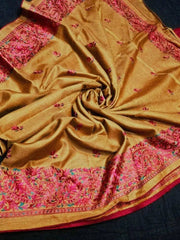 Saree Semi Tussar Gara Parsi Embroidery Gold Festive Embroidery Durga Pujo Party Wear S10906 - Saree - Aakritee - S10906